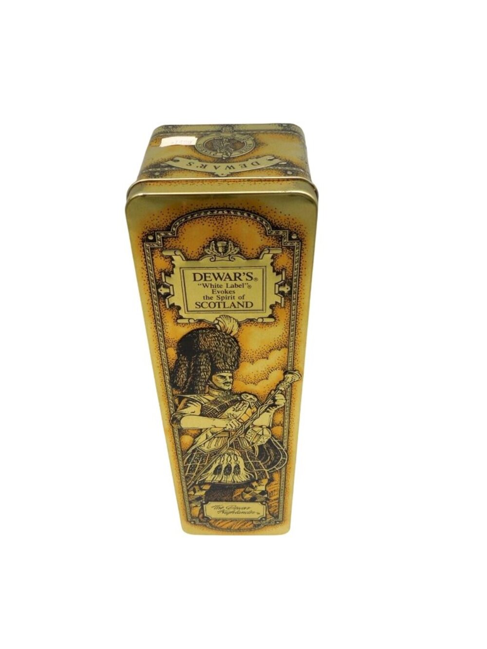 Dewars White Label Scotch Whisky Tin Gold Scottish Piper Vintage 12"